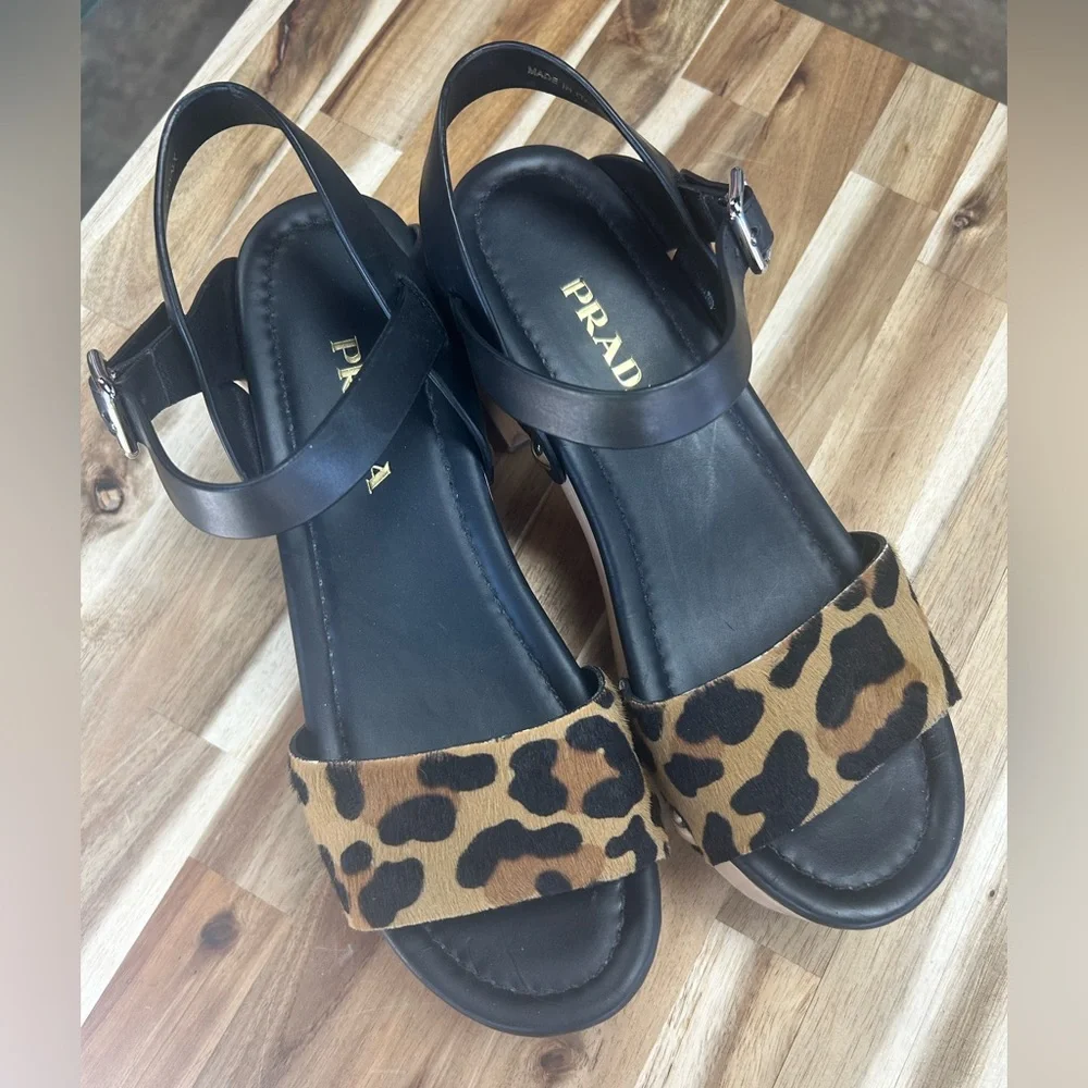 Prada Wood Studded Pony Hair Leopard Leather Buckle Clog Sandals RARE - Picture 2 of 8